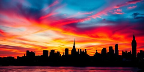 Iconic London skyline silhouette at sunset, dark against vibrant sky, night, illustration