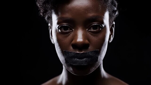 Young Woman with Black Tape Over Her Mouth Expressing Silence
