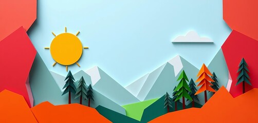 Cut paper shapes forming a landscape scene, geometric forms, sun, mountains, trees,  background,  pattern