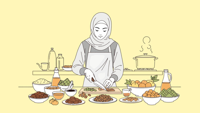 Muslim Woman Preparing Food In A Kitchen With Various Ingredients Laid Out For Cooking A Meal