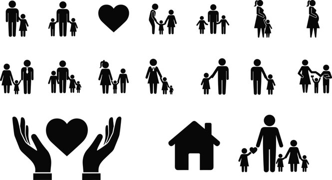 Family love care icons set showing parents, children, pregnancy, home, heart, safety, support, unity, protection, health, parenting, community services vector