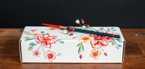 Elegant watercolor paints & brushes, delicate floral motifs on box, stationery, zen