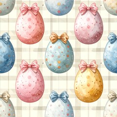 Easter Watercolor Seamless Pattern Polka Dot Egg with Bow