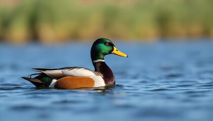 Fototapeta premium The photo presents a male Northern shoveler duck swimming in calm water. Vivid plumage displays green head yellow beak. It is a wild bird in a natural eco wetland habitat.