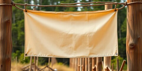 Faded, textured, blank banner hanging from rustic wooden poles,   image,  white