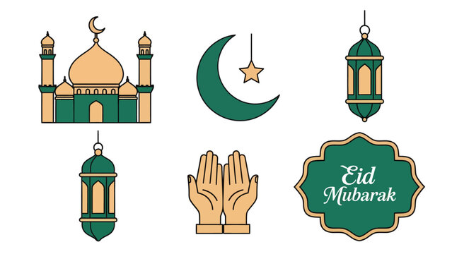 Islamic Eid Mubarak Flat Vector Icon Set with Mosque, Ramadan Lantern, and Prayer Symbols