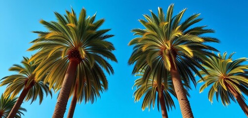 Majestic royal palms against a vibrant blue sky, showcasing their tall slender trunks and lush fronds, outdoor, sky