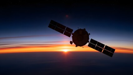 Satellite orbiting Earth at sunrise, capturing the vastness of space and the beauty of our planets atmosphere.