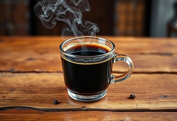 Steaming cup of dark roast coffee on rustic wood table, espresso, ceramic