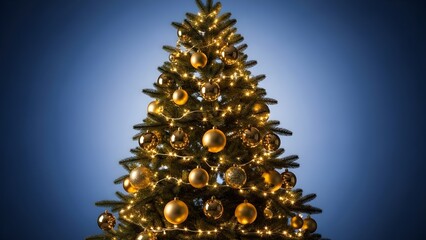 Beautifully Decorated Christmas Tree with Golden Ornaments and Twinkling Lights Against a Blue Background.