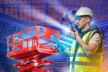 Lift equipment operator manages scissor lift setup using a tablet and radio, coordinating safe...