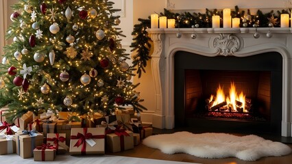 Cozy Christmas Eve Scene with Decorated Tree and Fireplace.
