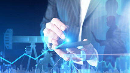 Energy market analyst tracks oil industry trends on a digital tablet, using data insights and financial charts to assess sector performance and investment strategy.