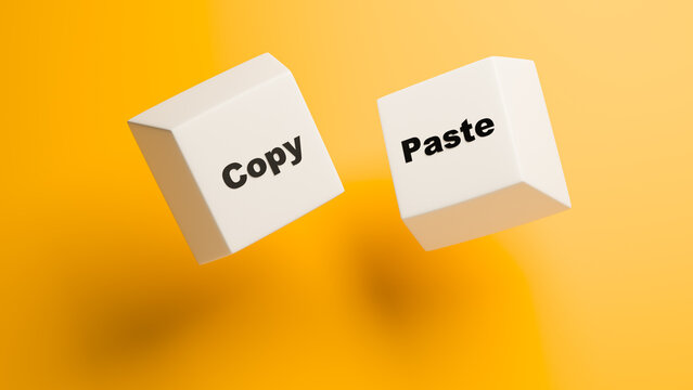 Minimalistic 3D cubes labeled &ldquo;Copy&rdquo; and &ldquo;Paste&rdquo; float against a bright yellow background, symbolizing duplication, workflow shortcuts, and digital productivity.