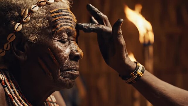 Ceremonial Ritual - Ancient Elder Performs Spiritual Blessing with Firelight.