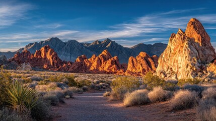 Naklejka premium Dramatic red rock formations in a remote desert canyon at sunset showcasing natural beauty