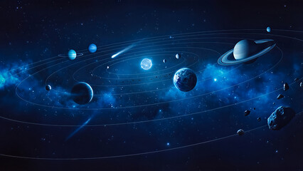 Celestial bodies orbiting in deep blue space with stars and nebula planets rings