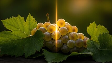 Close-up of a vibrant bunch of white grapes with green leaves, illuminated by a warm, golden light, creating a serene and natural ambiance.