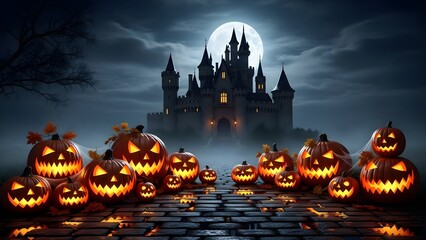 Spooky Halloween night with glowing pumpkins and a haunted castle under a full moon.