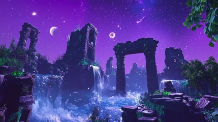 A mystical landscape with ancient ruins, cascading waterfalls, and a vibrant purple night sky adorned with multiple moons and stars.