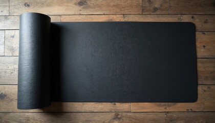 Black yoga mat is unrolled on rustic wooden floor, creating a clean space for practice. This top view mock-up offers a blank canvas. Minimalist fitness or meditation background.