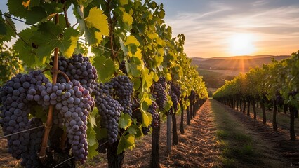 Vibrant Vineyard Sunset - Ripe Grapes Bathed in Golden Light.