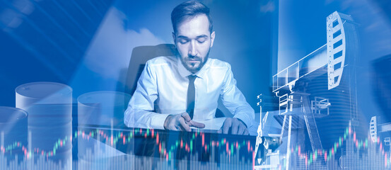 Oil market analytics evaluates price trends as a financial specialist studies charts with energy barrels and pumpjack production visuals integrated into the analysis workflow.