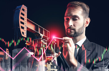 Oil trading analysis visualizes market movements as a financial expert draws trend lines over pumpjack operations and fluctuating energy price charts.