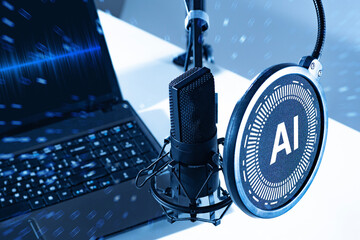 AI audio processing enhances voice clarity as a studio microphone and laptop work together to filter noise and improve sound quality through intelligent algorithms.