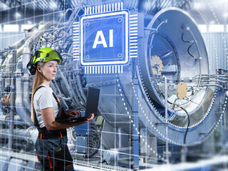 AI-assisted engineering monitors turbine machinery as a specialist uses a laptop to analyze system performance and optimize industrial equipment operation.