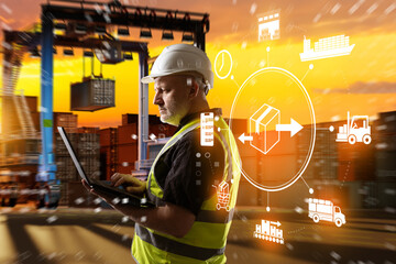 Logistics management tracks cargo flow as a supervisor monitors container operations on a laptop, coordinating shipping, storage, and transport processes.
