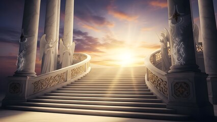 Grand Staircase to Heaven with Golden Sunrise and Ornate Pillars.