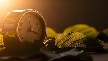 Vintage Alarm Clock and Autumn Leaves Bathed in Golden Sunlight.