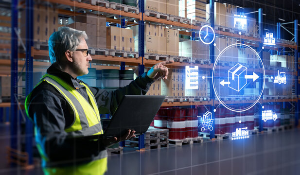 Warehouse logistics optimization manages inventory flow as a specialist uses digital tools to track packages, coordinate storage, and control distribution processes. - Powered by Adobe
