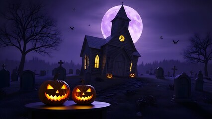 Spooky Halloween Night with Jack-o-Lanterns and Haunted Church under a Full Moon.
