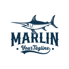 Marlin Fish Logo Engraved Nautical Vector Illustration