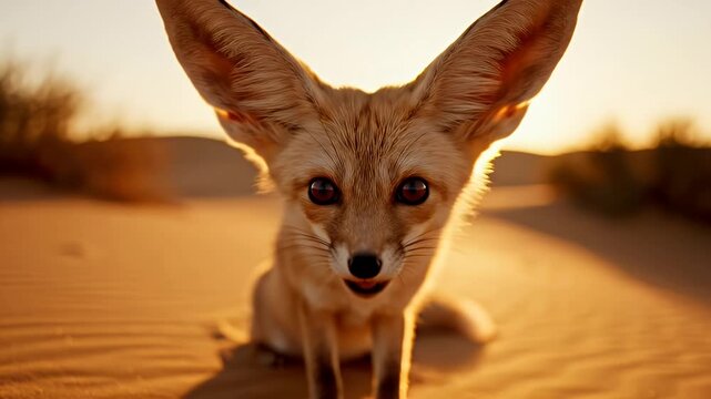 Adorable Fennec Fox in the Desert Sand at Sunset.