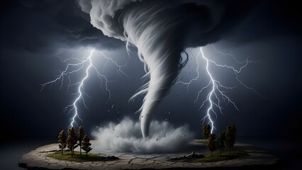 Powerful Tornado Strikes with Intense Lightning and Dark Storm Clouds.