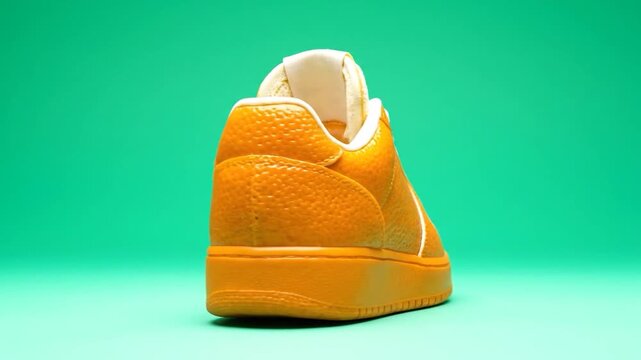 A surreal high-top sneaker absurdly crafted from vibrant orange peels, showcasing silliness in its textured pith design against a bright green background.