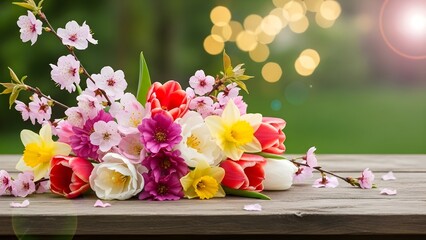 Beautiful Spring Flowers Bouquet on Wooden Table with Bokeh Background.
