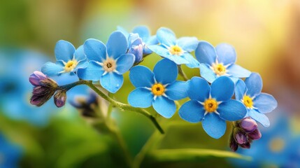 Fototapeta premium Delicate blue forget-me-not flowers clustered together in soft sunlight