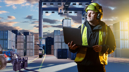 Port operations, logistics engineer monitors container handling with a laptop while cranes and cargo stacks support global shipping and terminal management.
