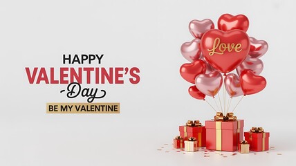 Valentine's day banner with gift boxes and heart balloons on white background