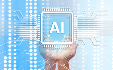Artificial intelligence, digital hands present an AI processor to power data analytics, automation, and smart computing across modern technology platforms.
