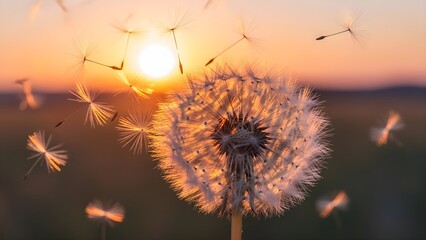 Dandelion seeds blowing in the wind at sunset, symbolizing freedom and new beginnings.