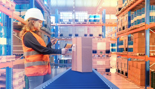 Warehouse logistics, inventory worker scans a package on a conveyor belt to track stock and manage order fulfillment inside a modern distribution center.
