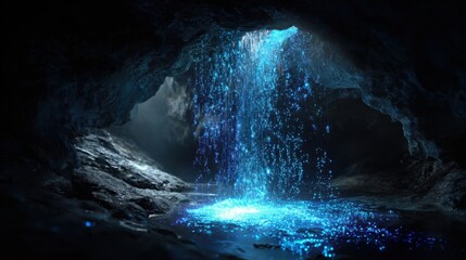 A mystical blue glowing waterfall cascading within a dark, rocky cave, creating an enchanting subterranean spectacle.