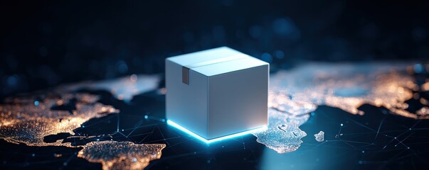 A glowing package sits on a dark, digital map, symbolizing global shipping and logistics in a tech-driven world.