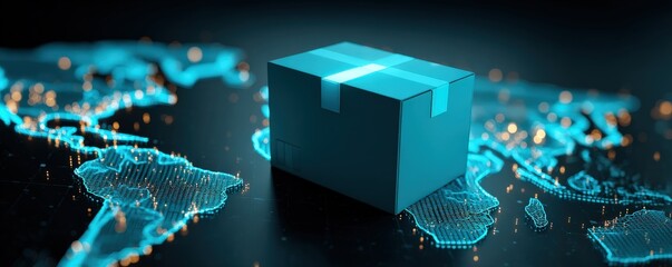 A glowing blue package sits atop a digital world map, symbolizing global shipping and connectivity.