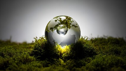 Crystal Clear Water Droplet Reflecting Green Moss and Light on a Natural Surface.